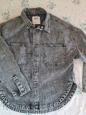 Unique Acid Wash Grey Denim Streetwear Shacket Button Up Jacket